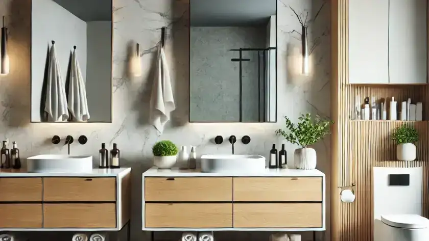 A modern bathroom showcasing three different types of vanities: a freestanding