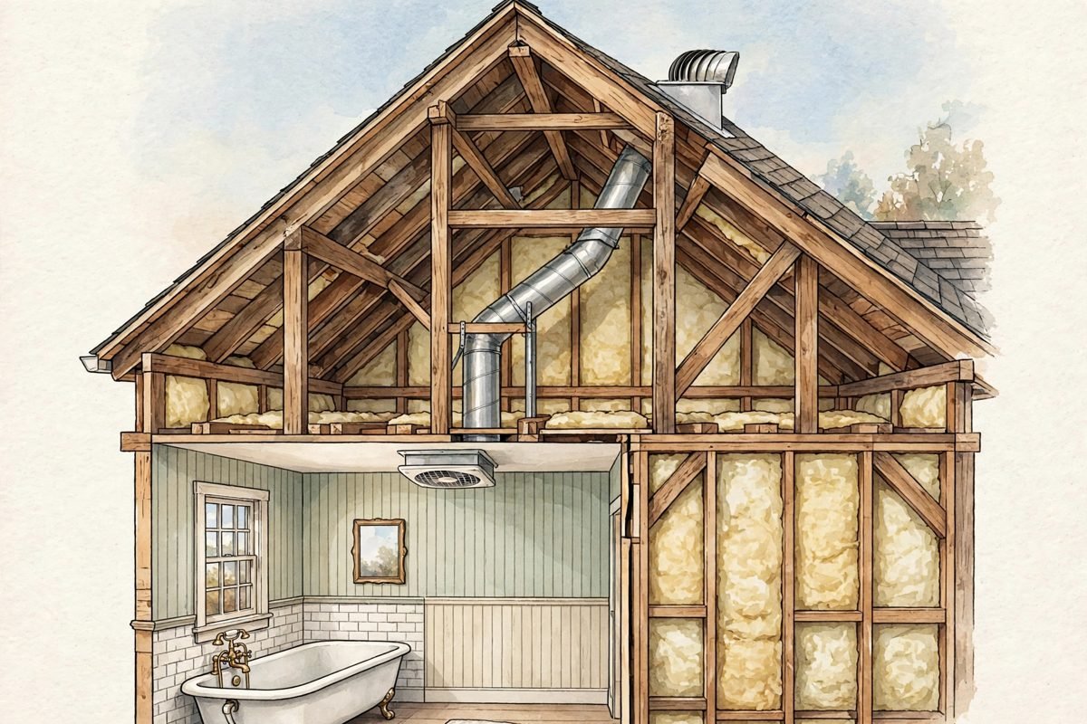 Illustration: 浴室排风扇的硬管穿过阁楼,接到屋顶的室外出风口